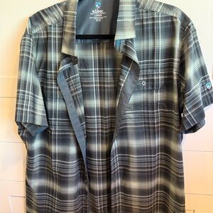Kuhl Men's Plaid Casual Button Down Shirt - Dark Blue and Cream